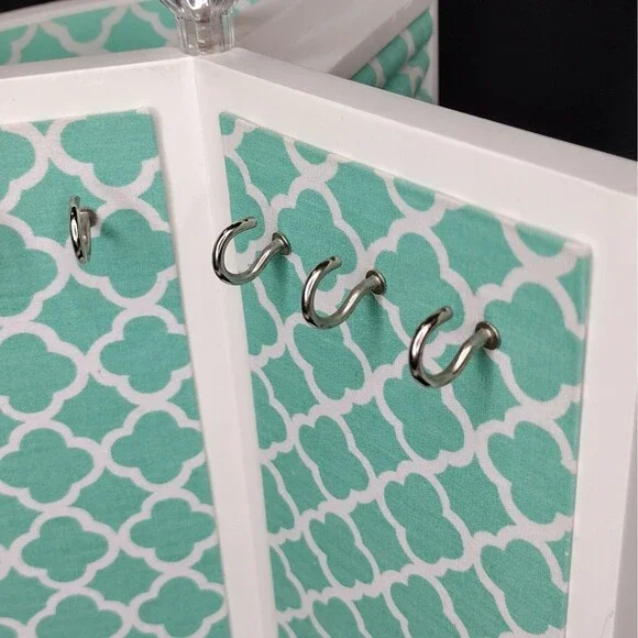Pottery Barn Teen Rotating Spinning 3-sided White Teal Jewelry Organizer Box